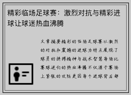 精彩临场足球赛：激烈对抗与精彩进球让球迷热血沸腾