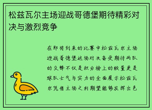 松兹瓦尔主场迎战哥德堡期待精彩对决与激烈竞争